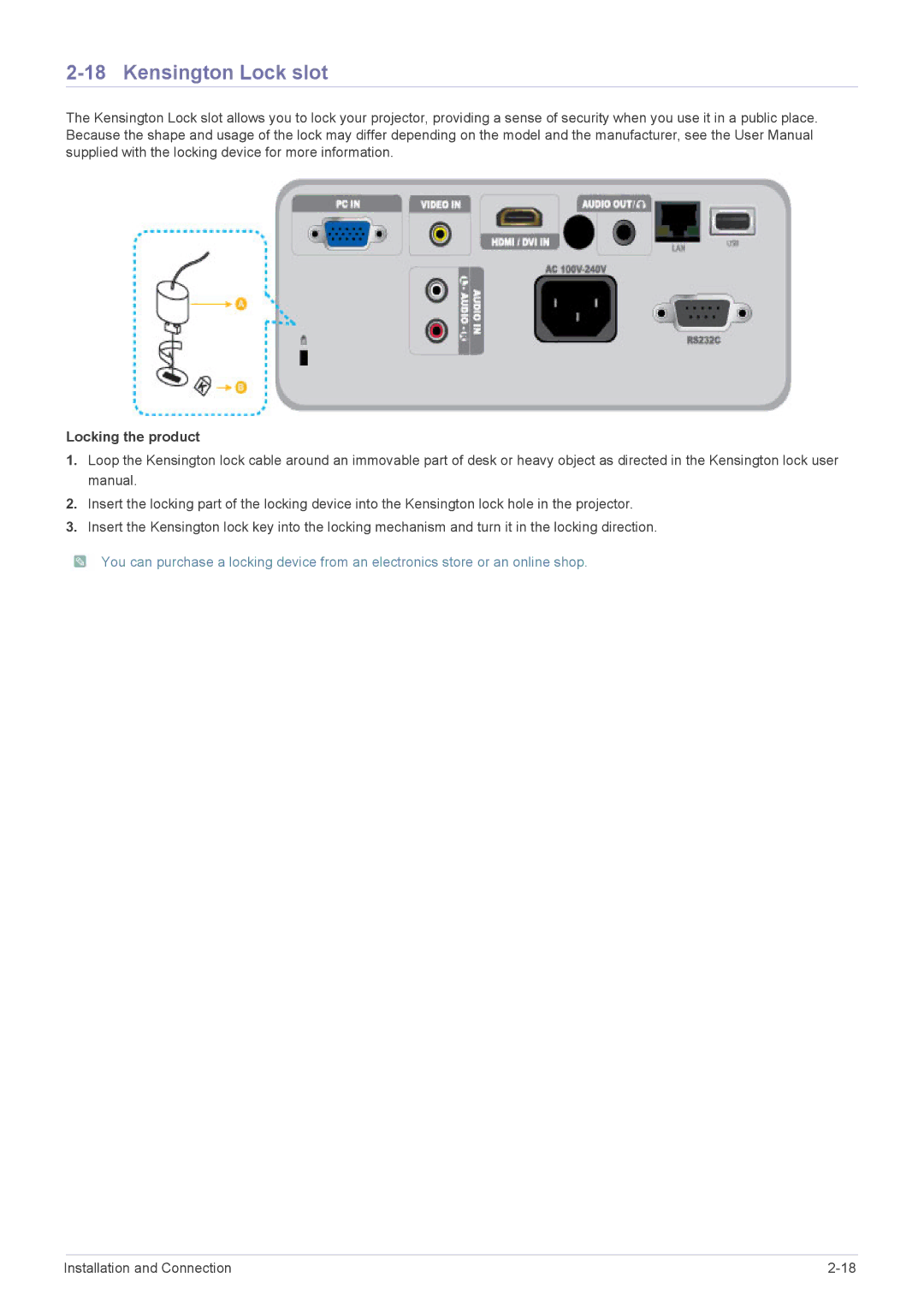 Samsung SP2553XWCX/EN, SP2253XWCX/EN, SP2553XWCX/NG manual Kensington Lock slot, Locking the product 