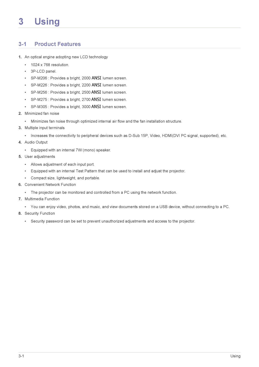 Samsung SP2253XWCX/EN, SP2553XWCX/EN, SP2553XWCX/NG manual Using, Product Features 