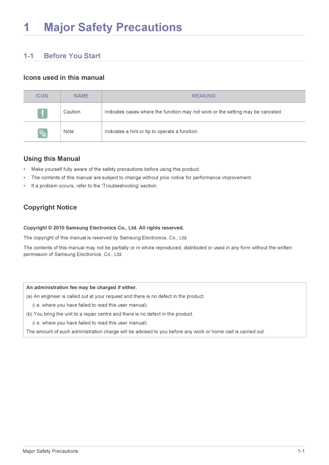 Samsung SP2253XWCX/EN Before You Start, Icons used in this manual, Using this Manual, Copyright Notice, Icon Name Meaning 