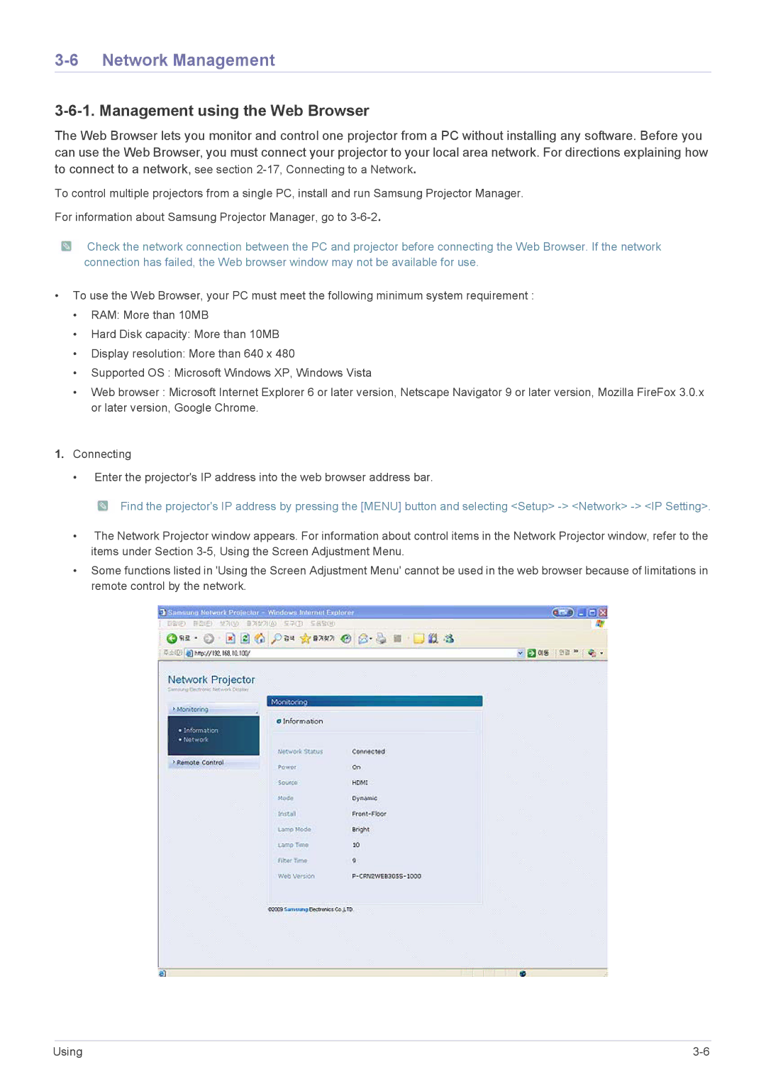 Samsung SP2553XWCX/NG, SP2553XWCX/EN, SP2253XWCX/EN manual Network Management, Management using the Web Browser 