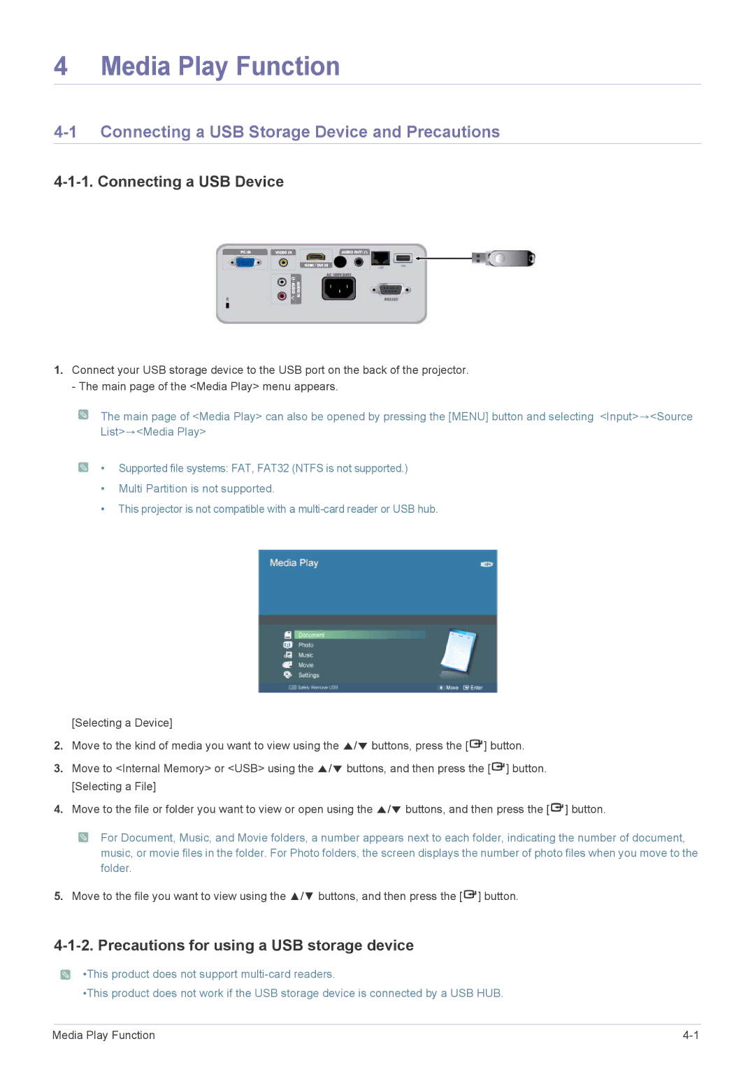 Samsung SP2253XWCX/EN, SP2553XWCX/EN manual Connecting a USB Storage Device and Precautions, Connecting a USB Device 