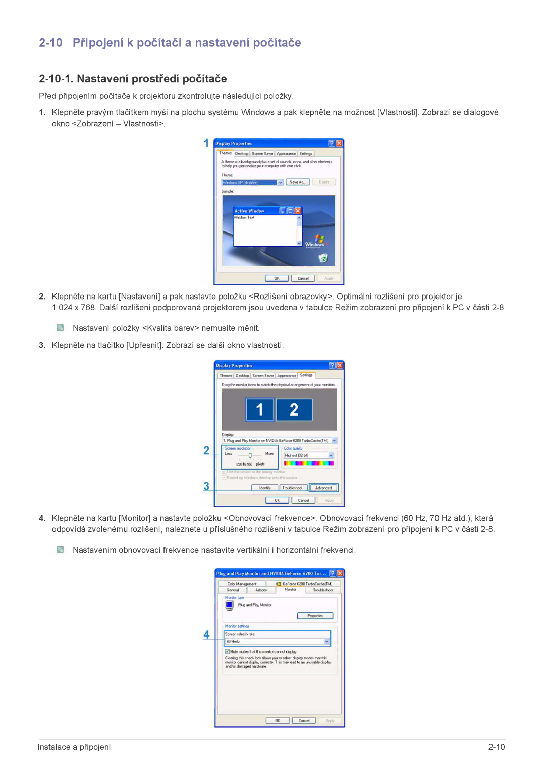 Samsung SP2553XWCX/EN, SP2253XWCX/EN manual 10 Připojení k počítači a nastavení počítače, Nastavení prostředí počítače 