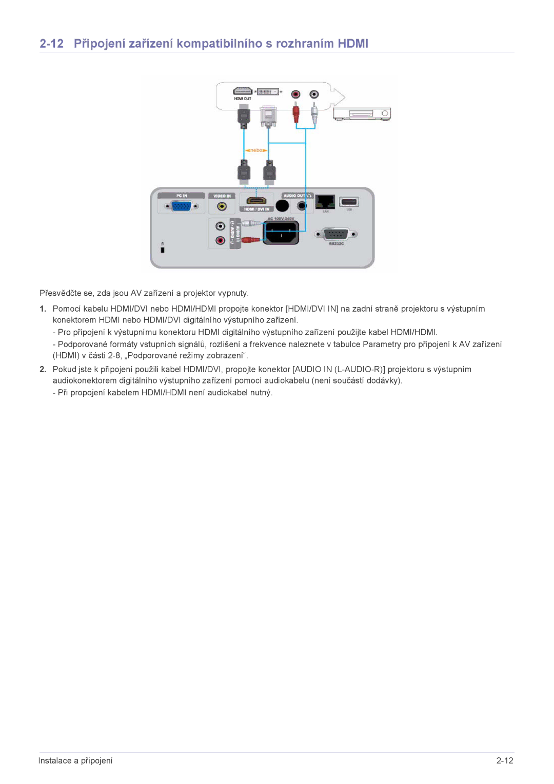 Samsung SP2553XWCX/EN, SP2253XWCX/EN manual 12 Připojení zařízení kompatibilního s rozhraním Hdmi 