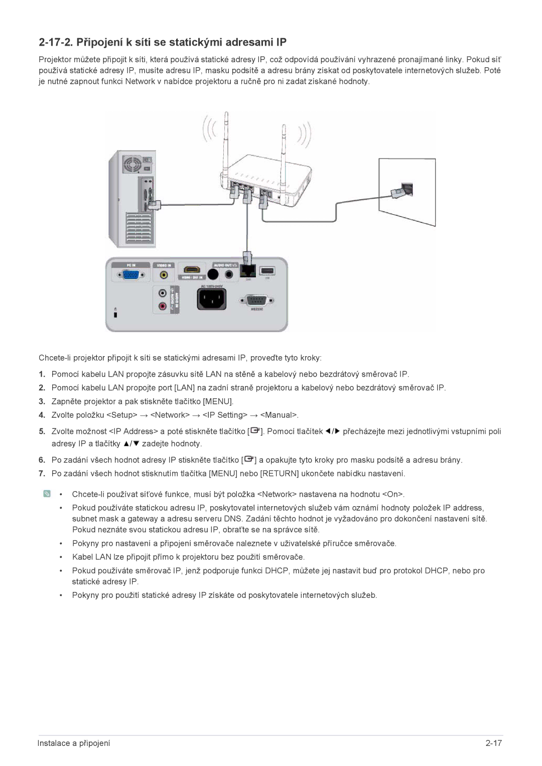 Samsung SP2553XWCX/EN, SP2253XWCX/EN manual 17-2. Připojení k síti se statickými adresami IP 