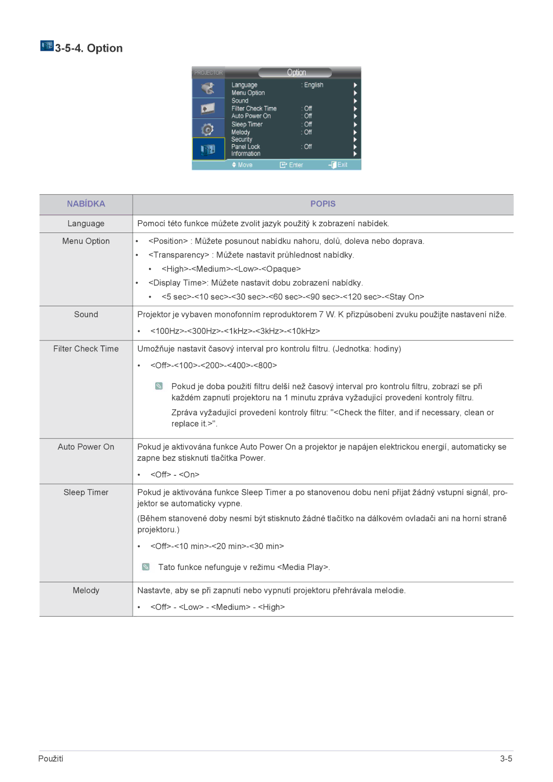 Samsung SP2553XWCX/EN, SP2253XWCX/EN manual Option, Jektor se automaticky vypne 