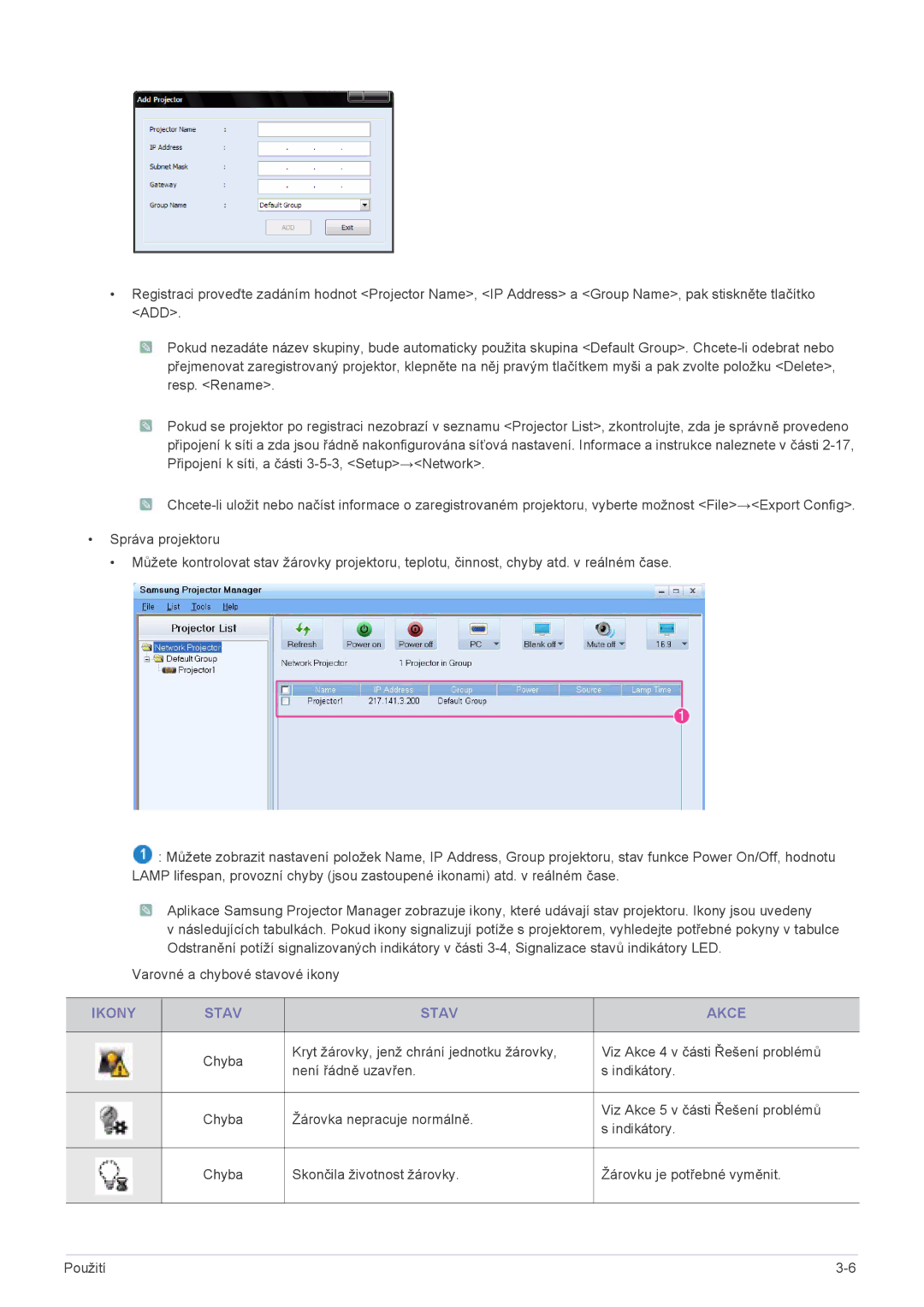 Samsung SP2553XWCX/EN, SP2253XWCX/EN manual Ikony Stav Akce 