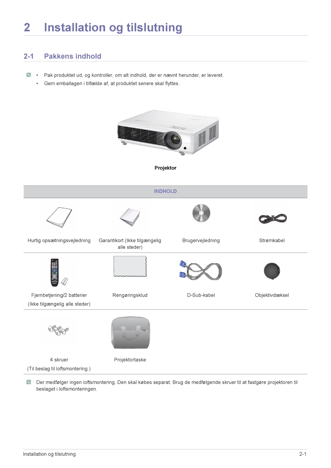 Samsung SP2553XWCX/EN manual Pakkens indhold, Indhold 