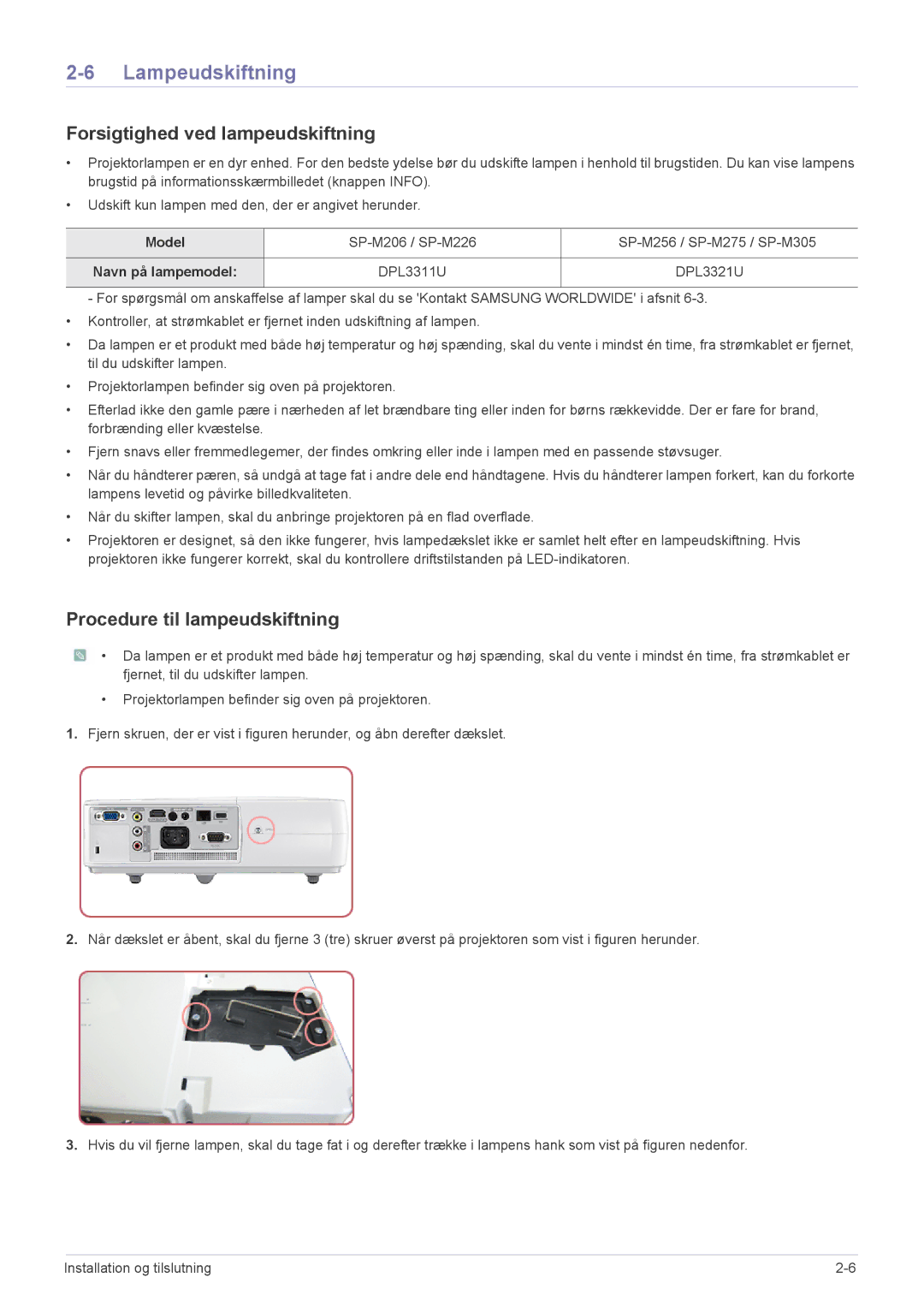 Samsung SP2553XWCX/EN manual Lampeudskiftning, Forsigtighed ved lampeudskiftning, Procedure til lampeudskiftning, Model 