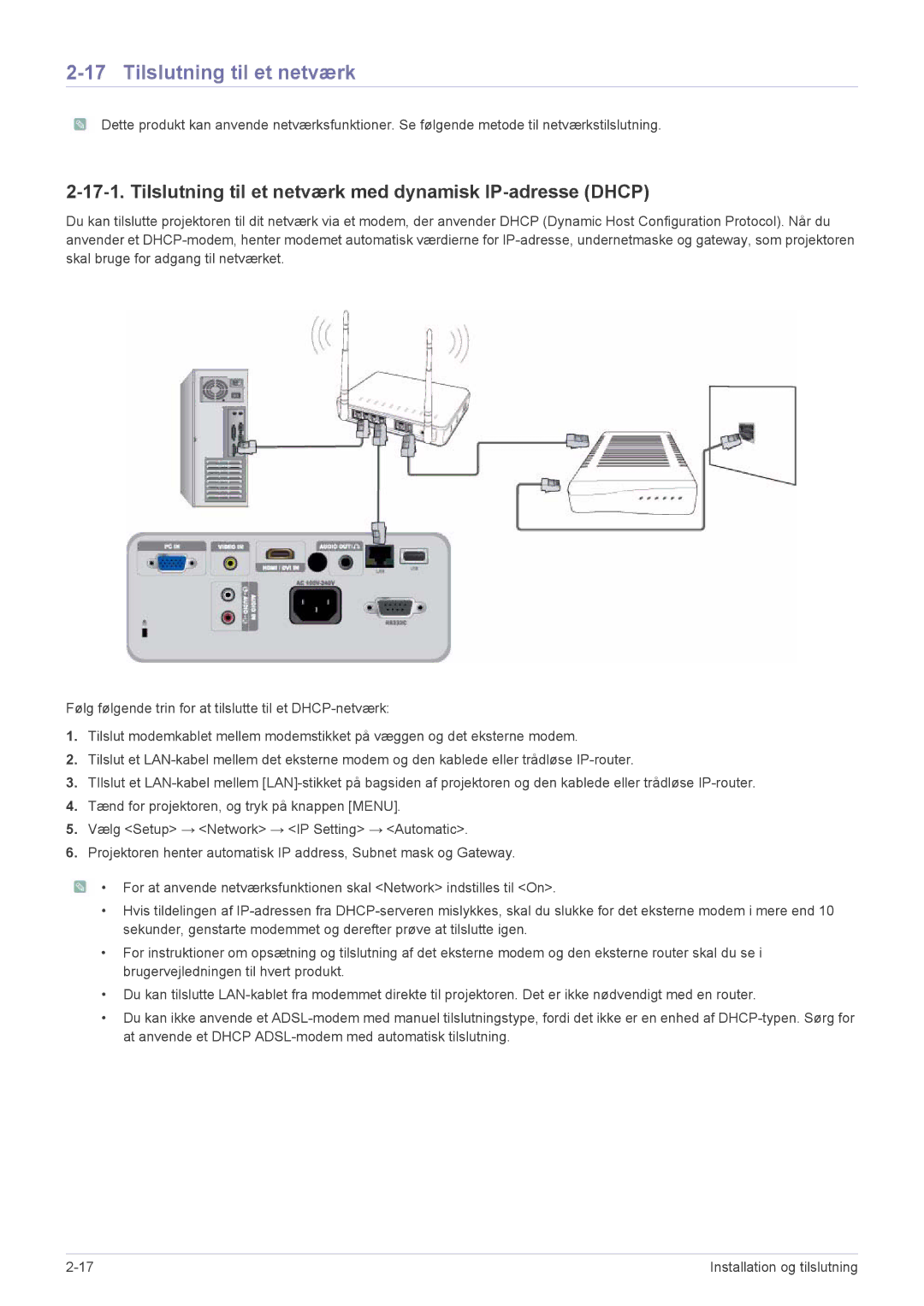 Samsung SP2553XWCX/EN manual Tilslutning til et netværk med dynamisk IP-adresse Dhcp 