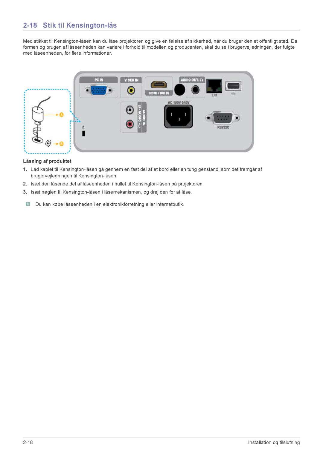 Samsung SP2553XWCX/EN manual Stik til Kensington-lås, Låsning af produktet 