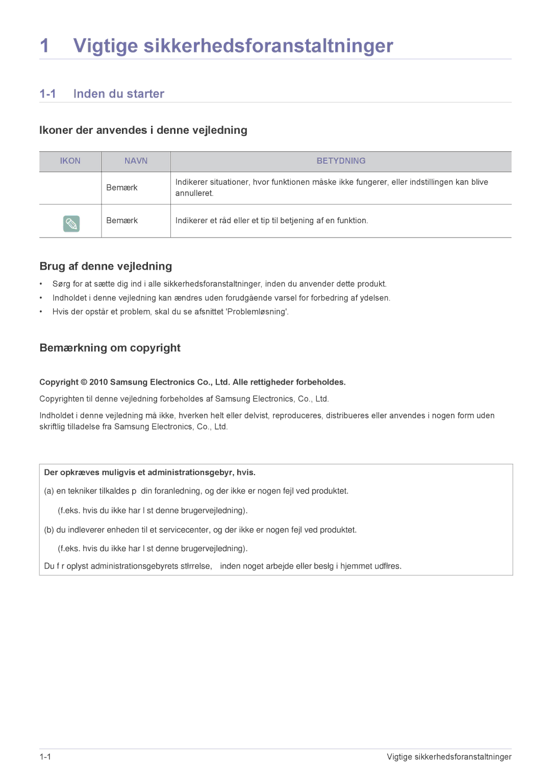 Samsung SP2553XWCX/EN manual Inden du starter, Ikoner der anvendes i denne vejledning, Brug af denne vejledning 