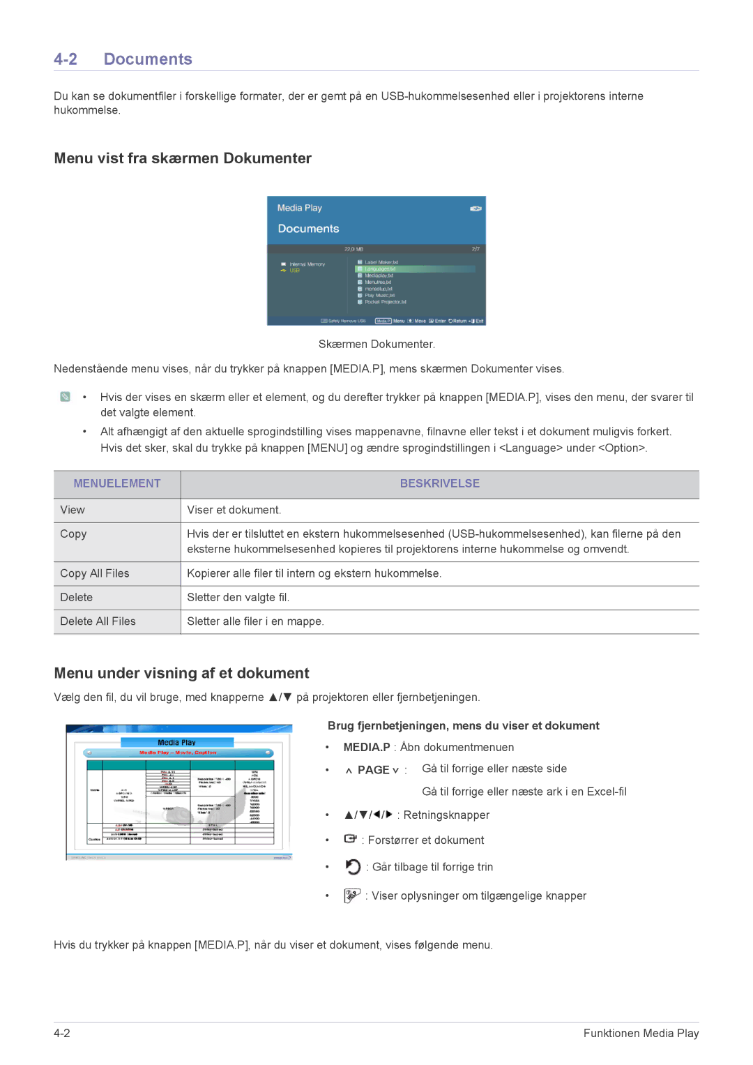 Samsung SP2553XWCX/EN manual Documents, Menu vist fra skærmen Dokumenter, Menu under visning af et dokument 