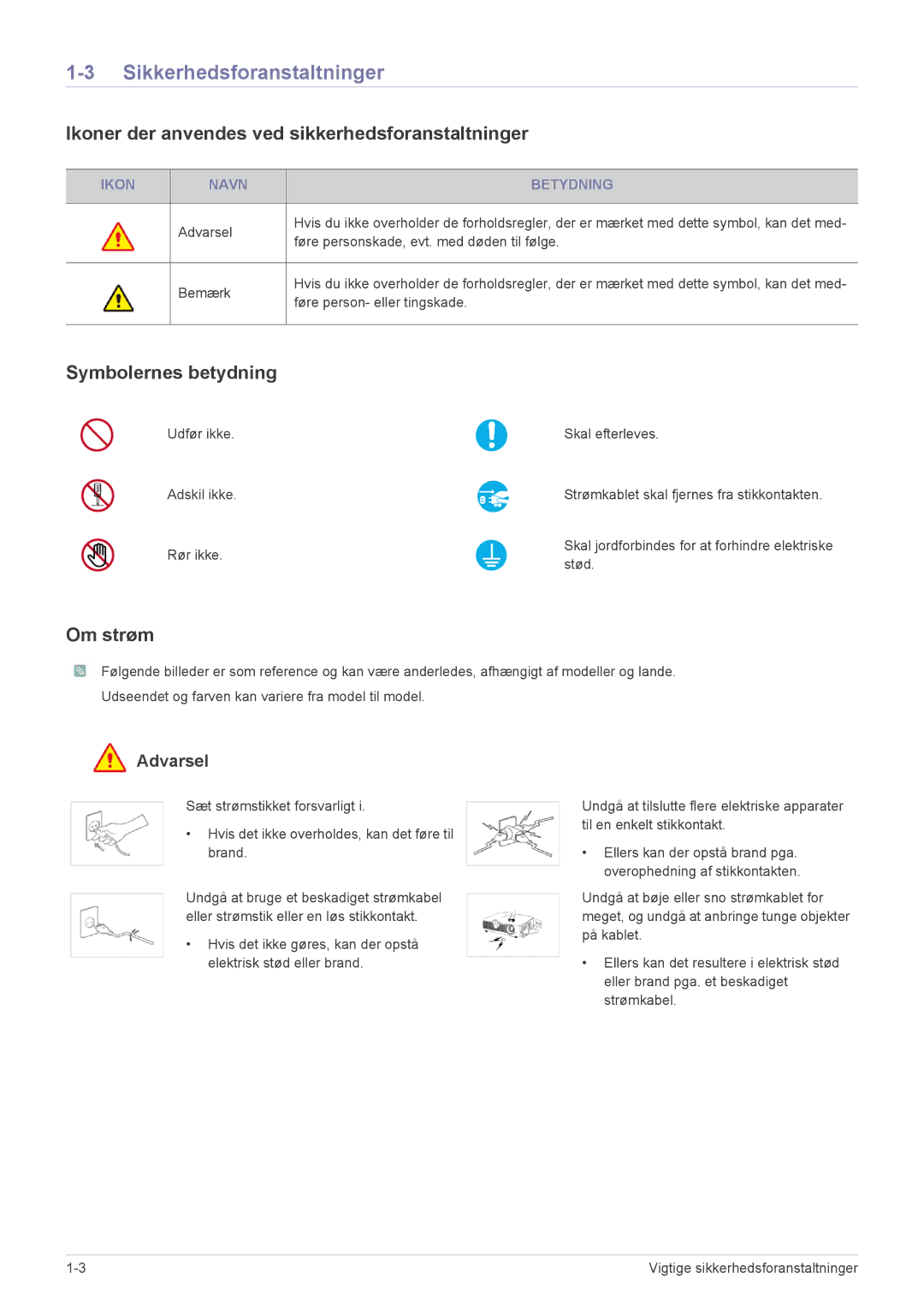 Samsung SP2553XWCX/EN manual Sikkerhedsforanstaltninger, Ikoner der anvendes ved sikkerhedsforanstaltninger, Om strøm 