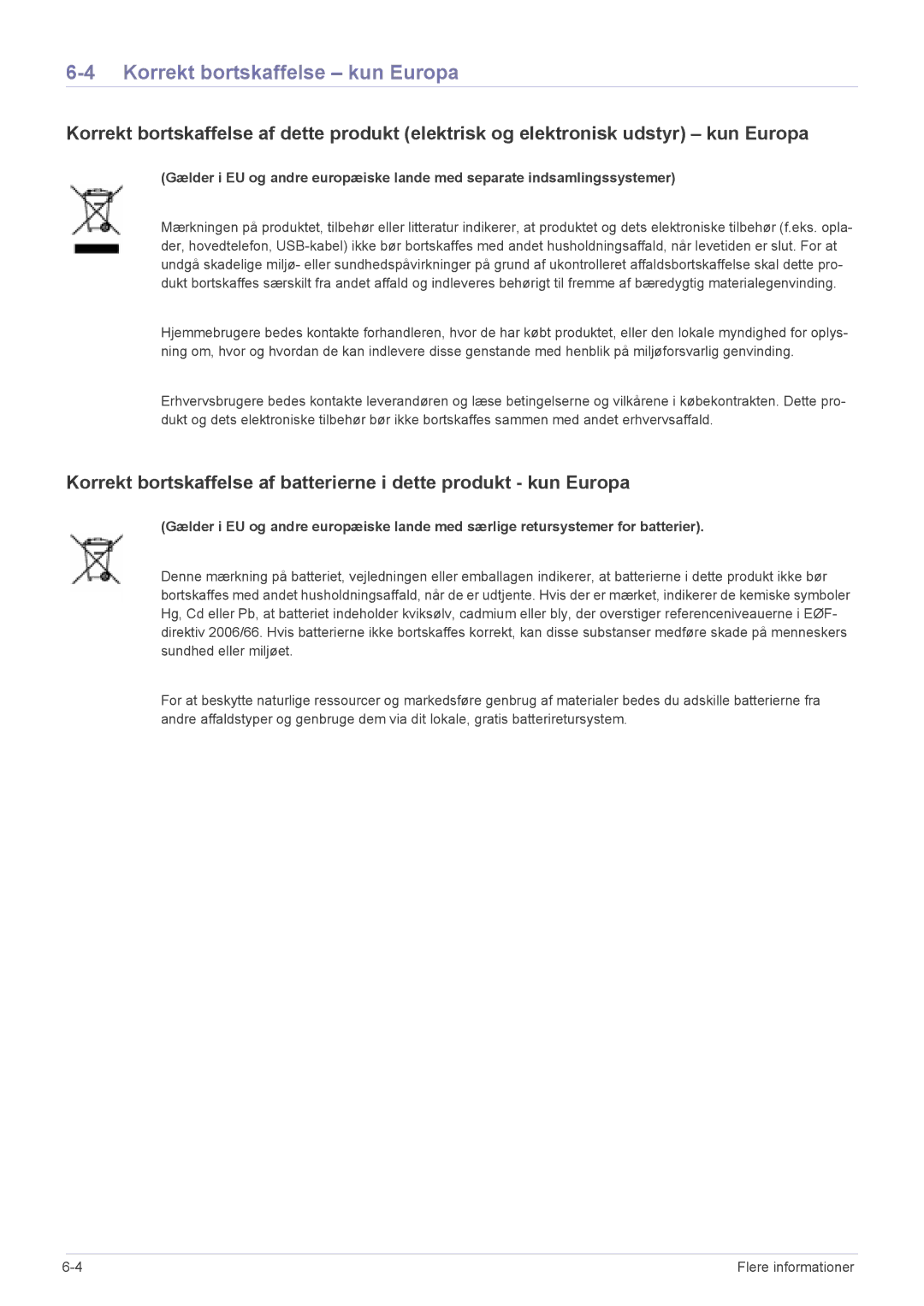 Samsung SP2553XWCX/EN manual Korrekt bortskaffelse kun Europa 