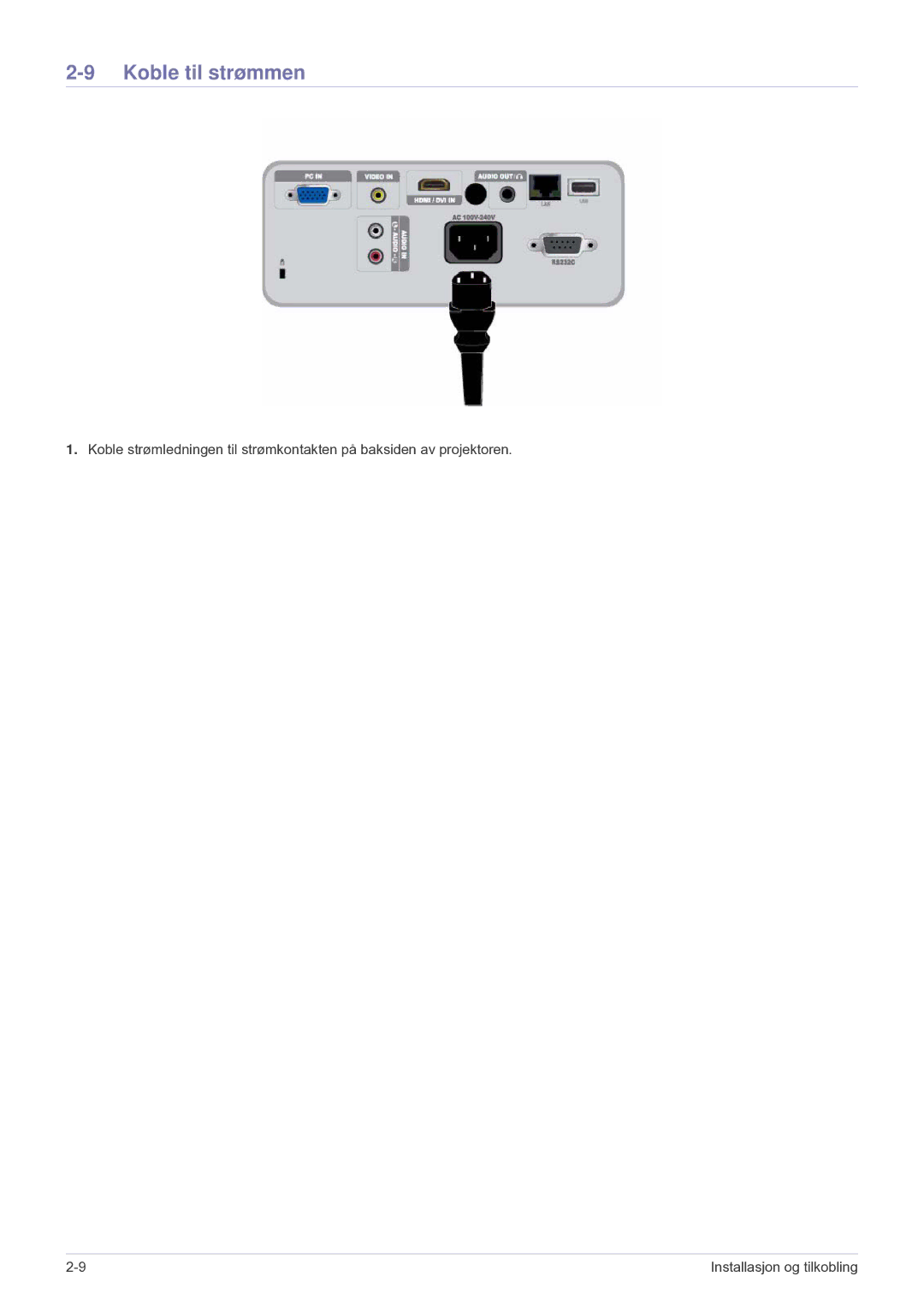 Samsung SP2553XWCX/EN manual Koble til strømmen 