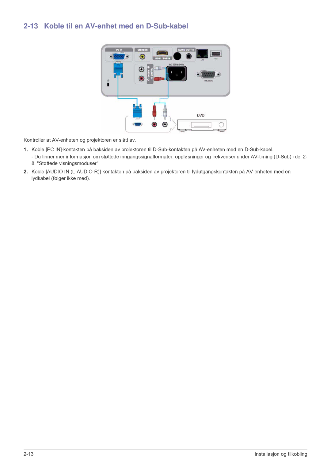 Samsung SP2553XWCX/EN manual Koble til en AV-enhet med en D-Sub-kabel 