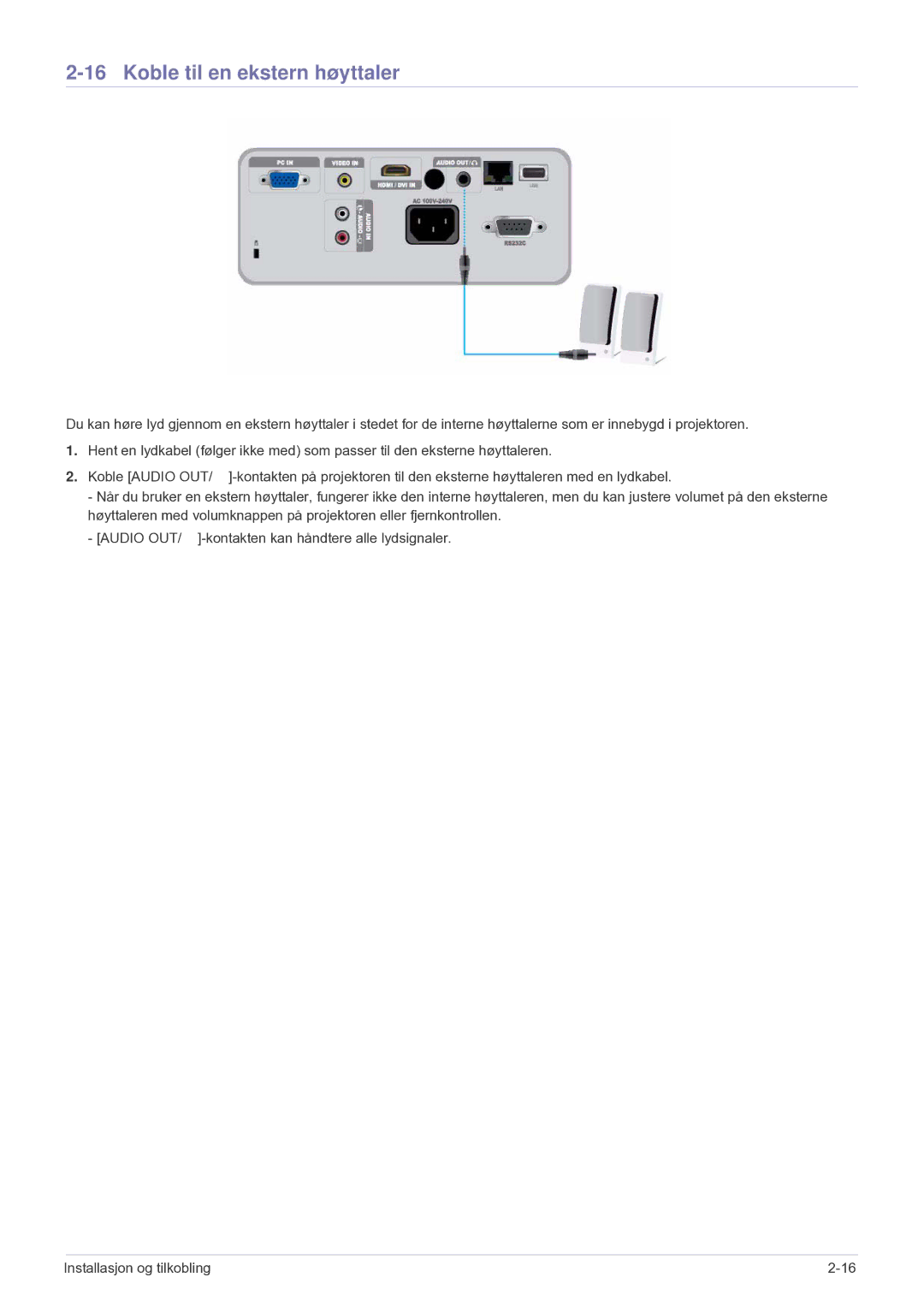 Samsung SP2553XWCX/EN manual Koble til en ekstern høyttaler 