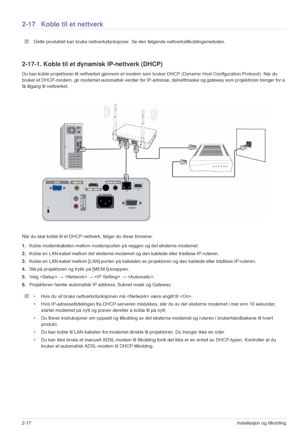 Samsung SP2553XWCX/EN manual Koble til et nettverk, Koble til et dynamisk IP-nettverk Dhcp 