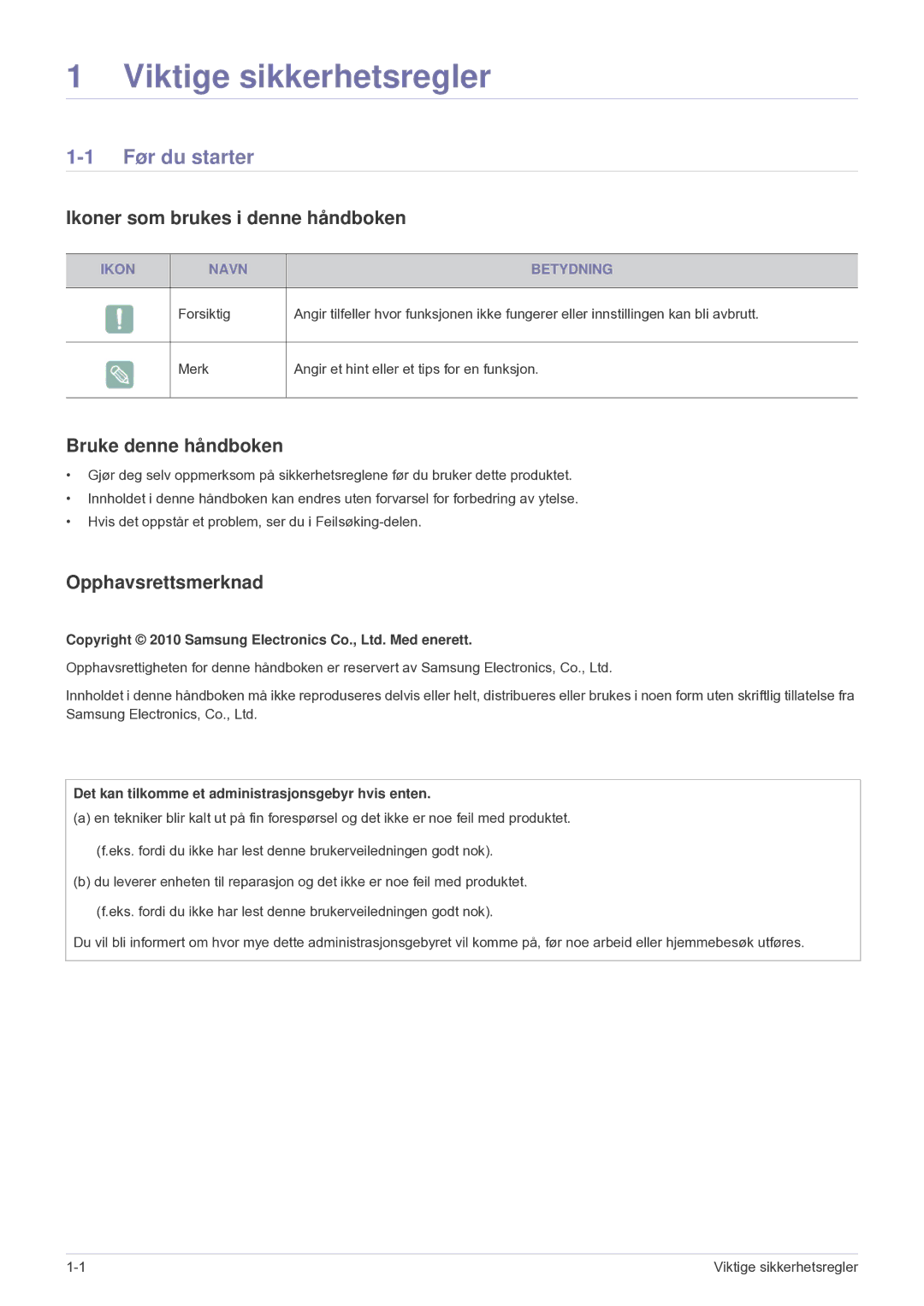 Samsung SP2553XWCX/EN Før du starter, Ikoner som brukes i denne håndboken, Bruke denne håndboken, Opphavsrettsmerknad 