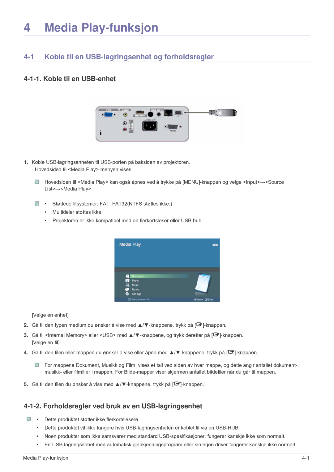 Samsung SP2553XWCX/EN manual Koble til en USB-lagringsenhet og forholdsregler, Koble til en USB-enhet 