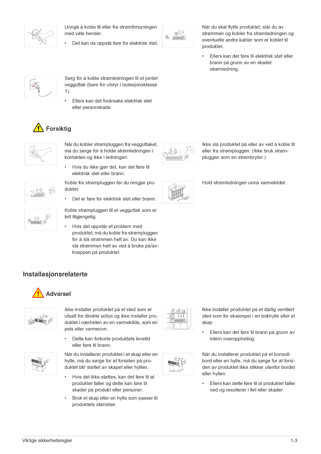 Samsung SP2553XWCX/EN manual Installasjonsrelaterte, Forsiktig 