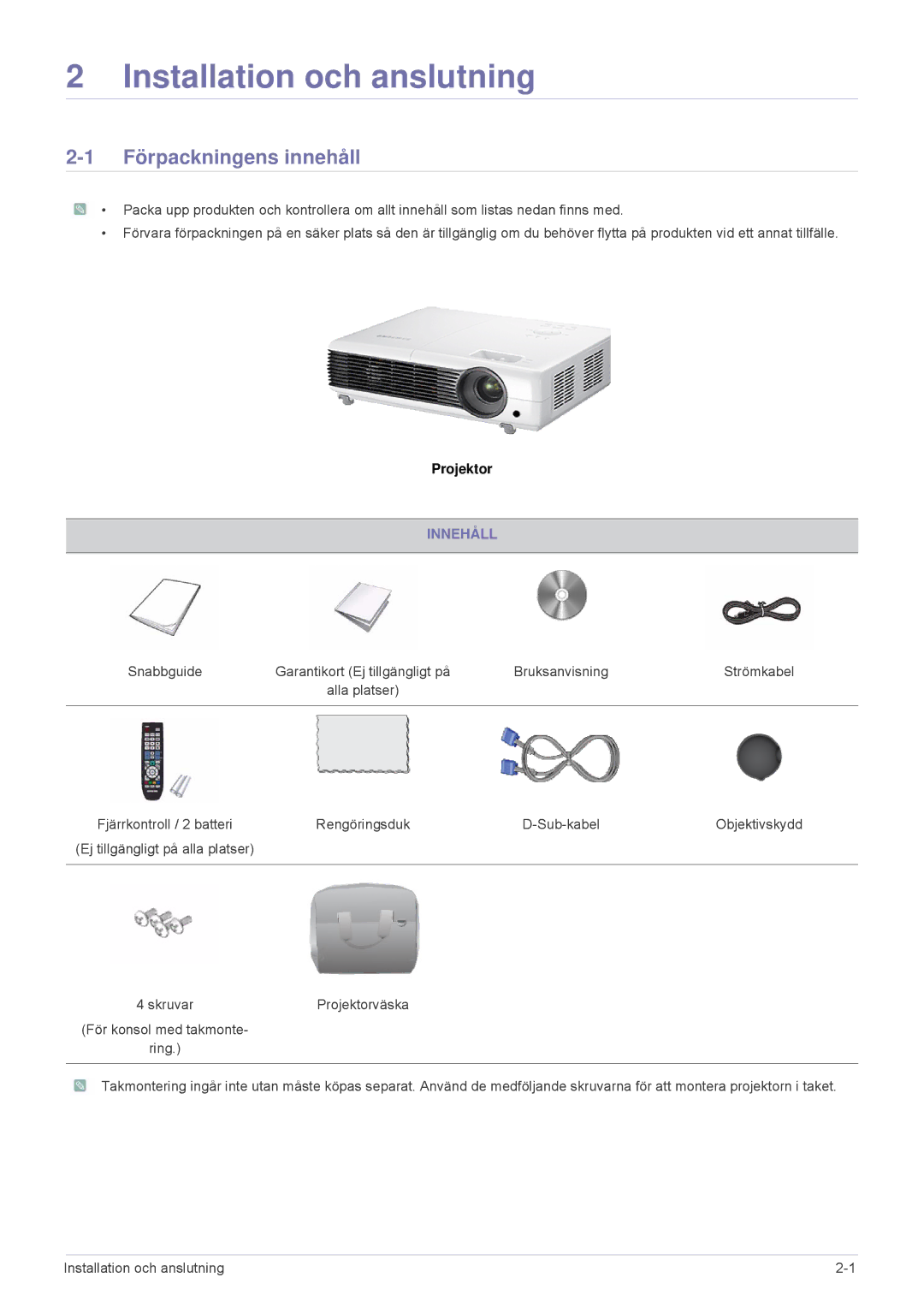 Samsung SP2553XWCX/EN manual Förpackningens innehåll, Innehåll 