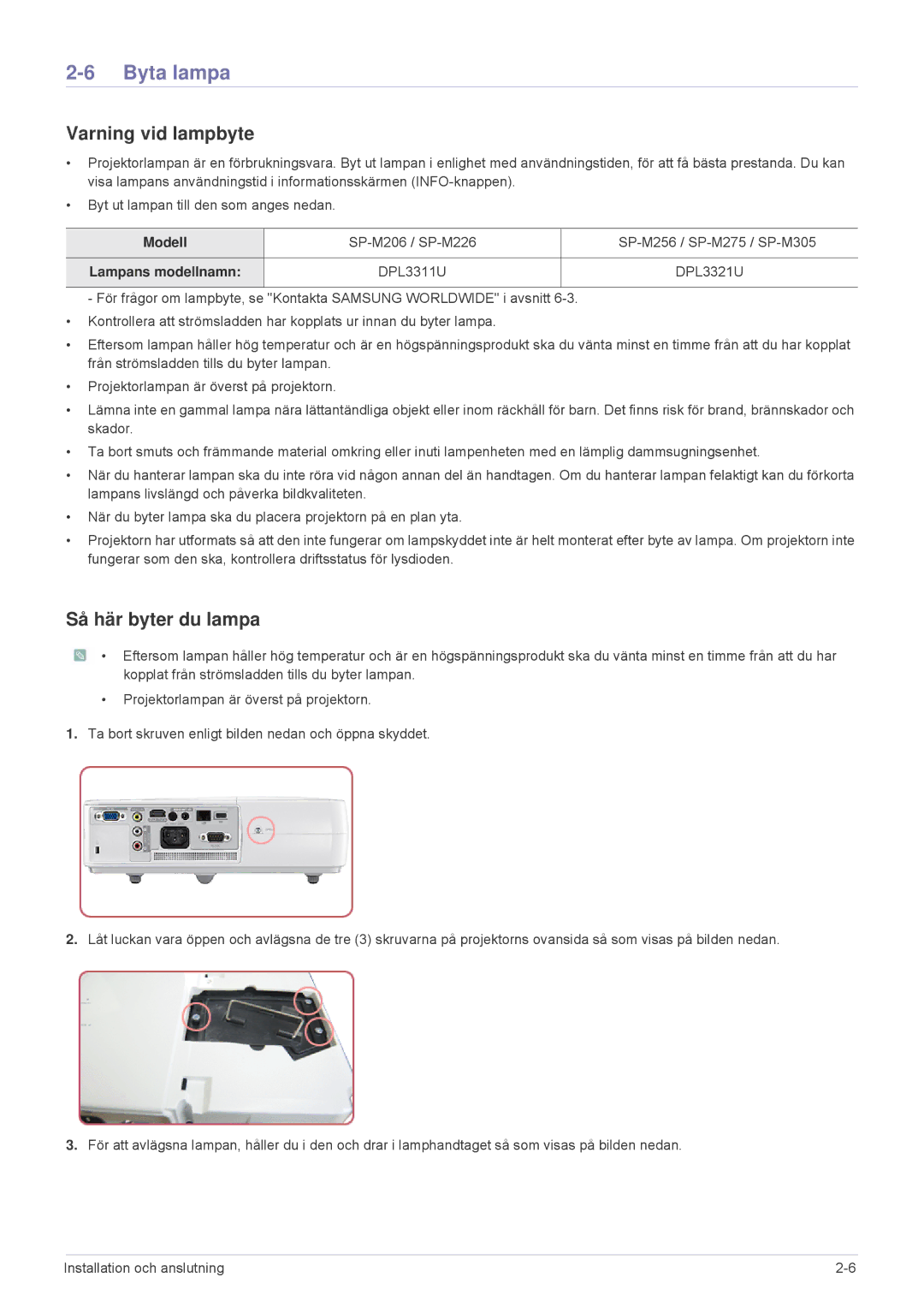 Samsung SP2553XWCX/EN manual Byta lampa, Varning vid lampbyte, Så här byter du lampa, Modell, Lampans modellnamn 