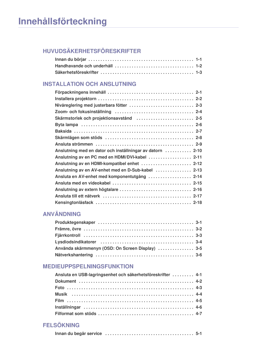 Samsung SP2553XWCX/EN manual Innehållsförteckning, Innan du begär service 