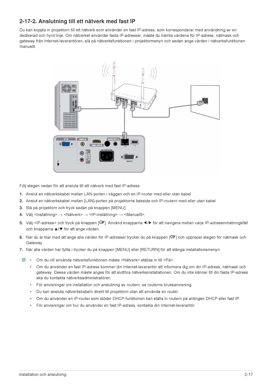 Samsung SP2553XWCX/EN manual Anslutning till ett nätverk med fast IP 