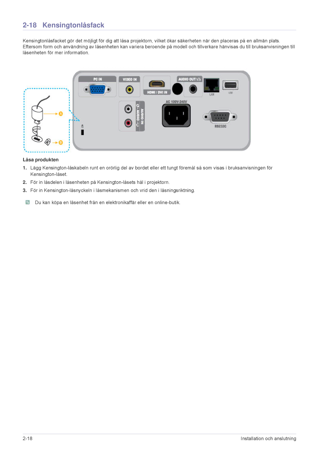 Samsung SP2553XWCX/EN manual Kensingtonlåsfack, Låsa produkten 