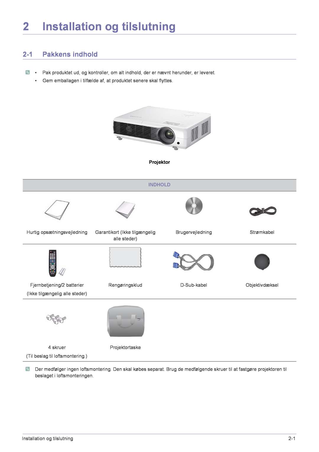 Samsung SP2553XWCX/EN manual Installation og tilslutning, Pakkens indhold, Projektor 