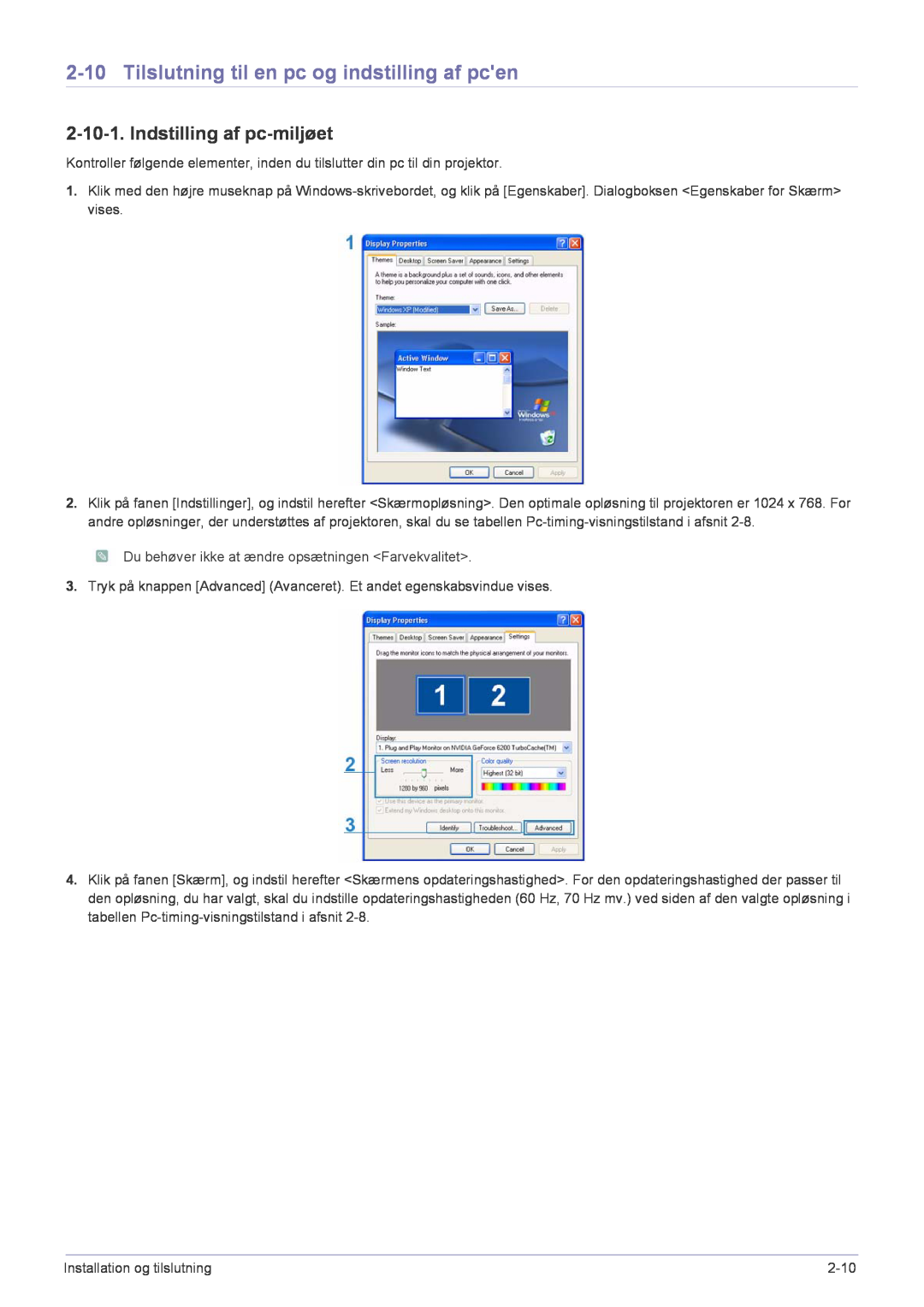 Samsung SP2553XWCX/EN manual Tilslutning til en pc og indstilling af pcen, Indstilling af pc-miljøet 