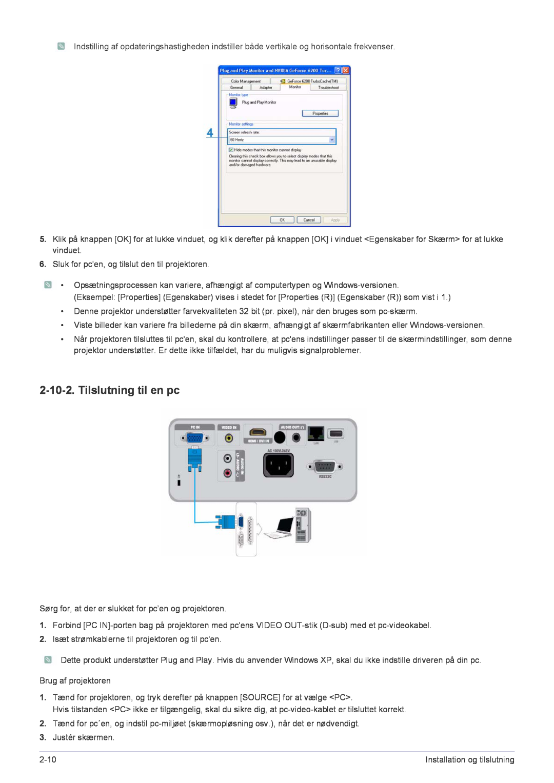 Samsung SP2553XWCX/EN manual Tilslutning til en pc 