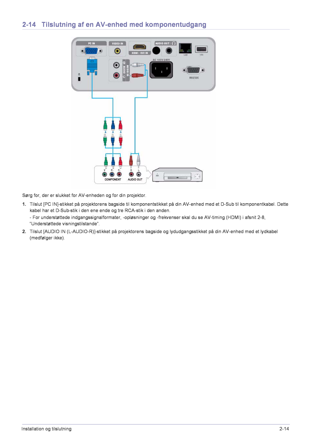 Samsung SP2553XWCX/EN manual Tilslutning af en AV-enhed med komponentudgang 