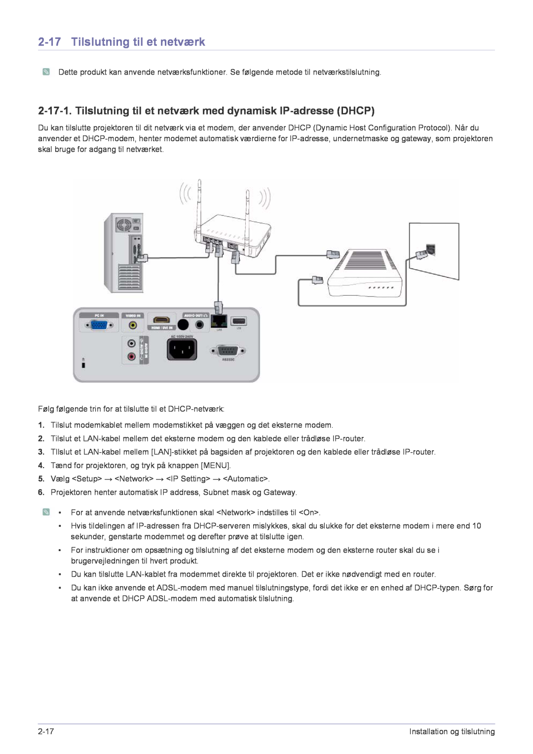 Samsung SP2553XWCX/EN manual Tilslutning til et netværk med dynamisk IP-adresse DHCP 