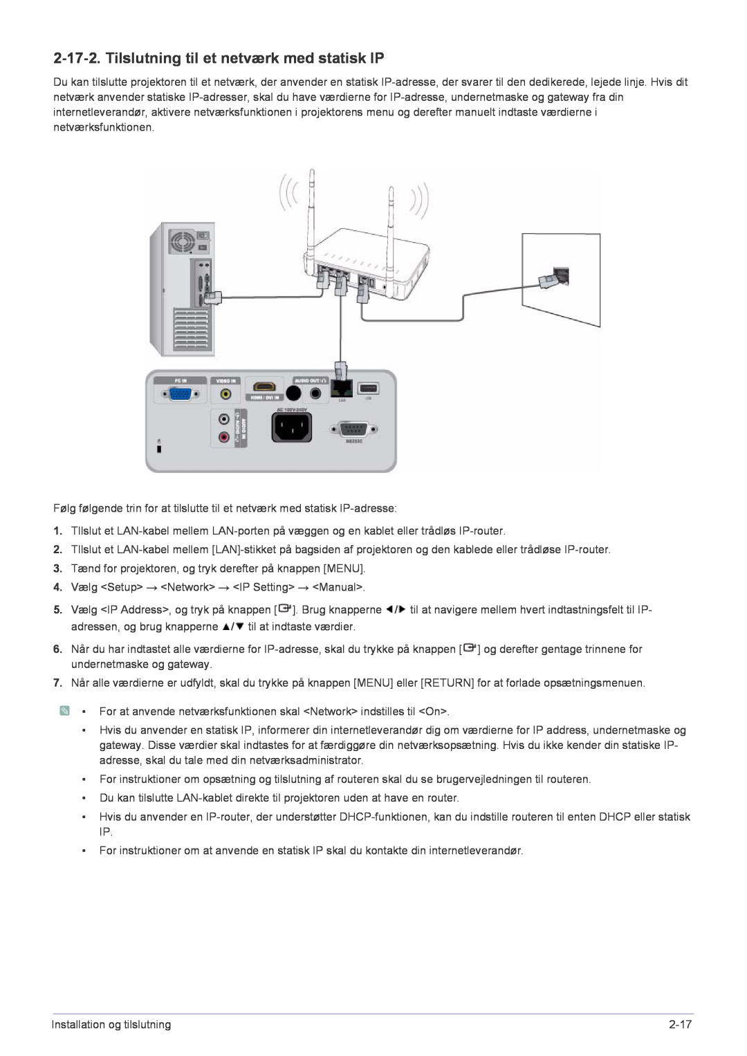Samsung SP2553XWCX/EN manual Tilslutning til et netværk med statisk IP 