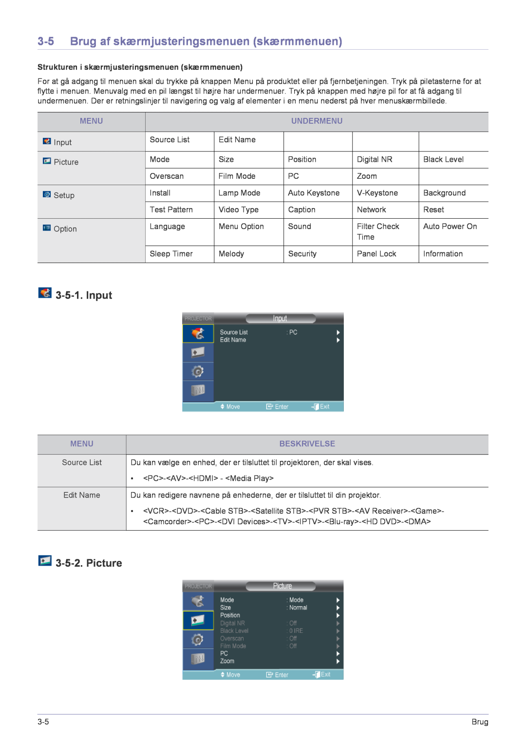 Samsung SP2553XWCX/EN manual Brug af skærmjusteringsmenuen skærmmenuen, Input, Picture 