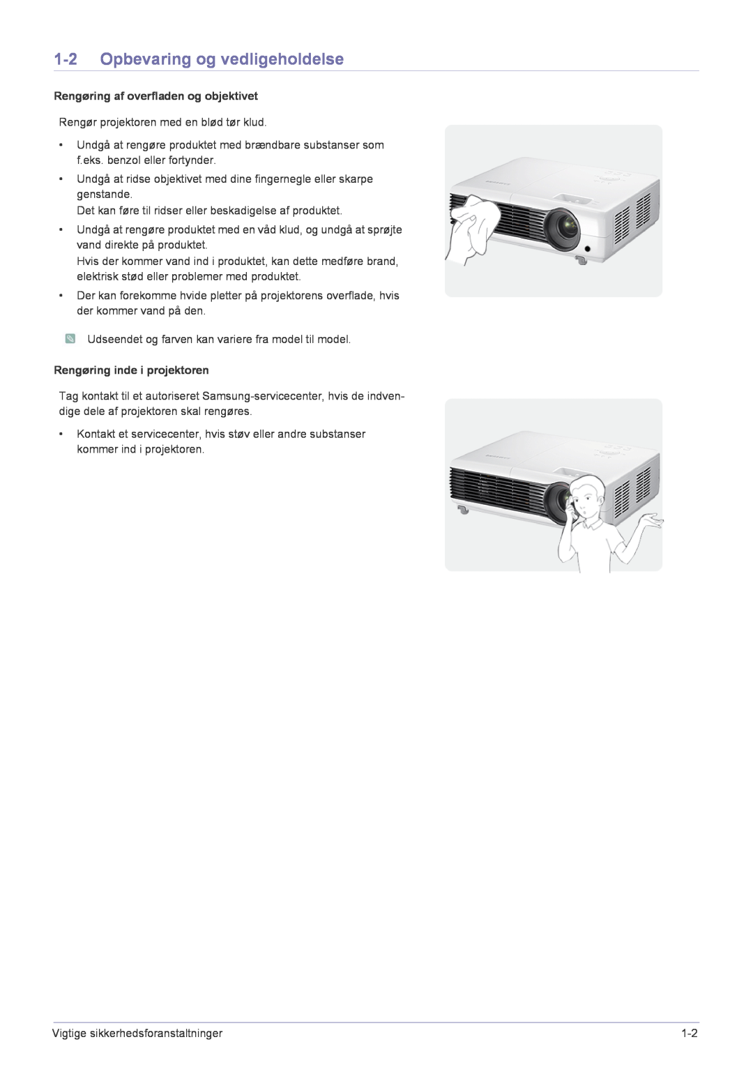 Samsung SP2553XWCX/EN Opbevaring og vedligeholdelse, Rengøring af overfladen og objektivet, Rengøring inde i projektoren 
