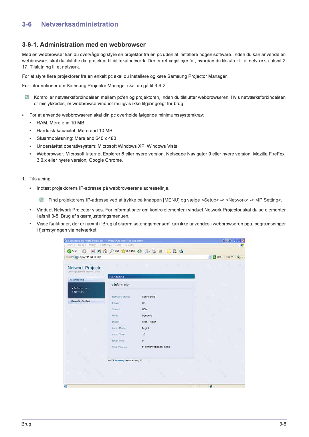Samsung SP2553XWCX/EN manual Netværksadministration, Administration med en webbrowser 