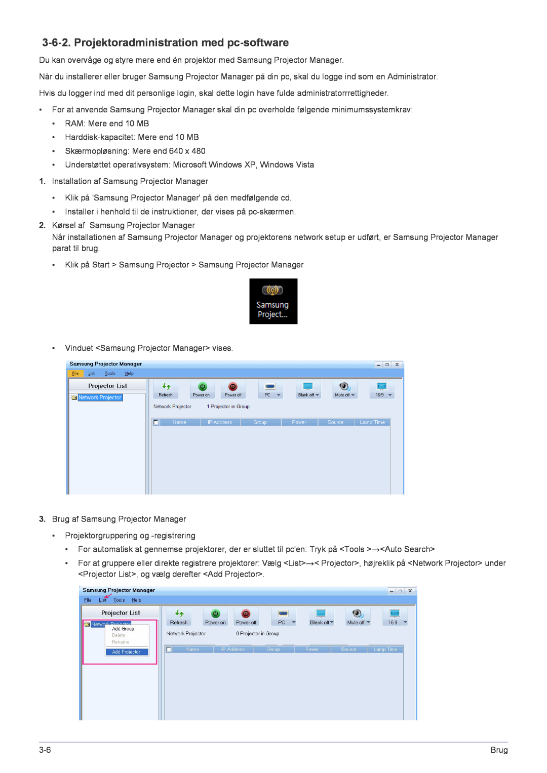 Samsung SP2553XWCX/EN manual Projektoradministration med pc-software 