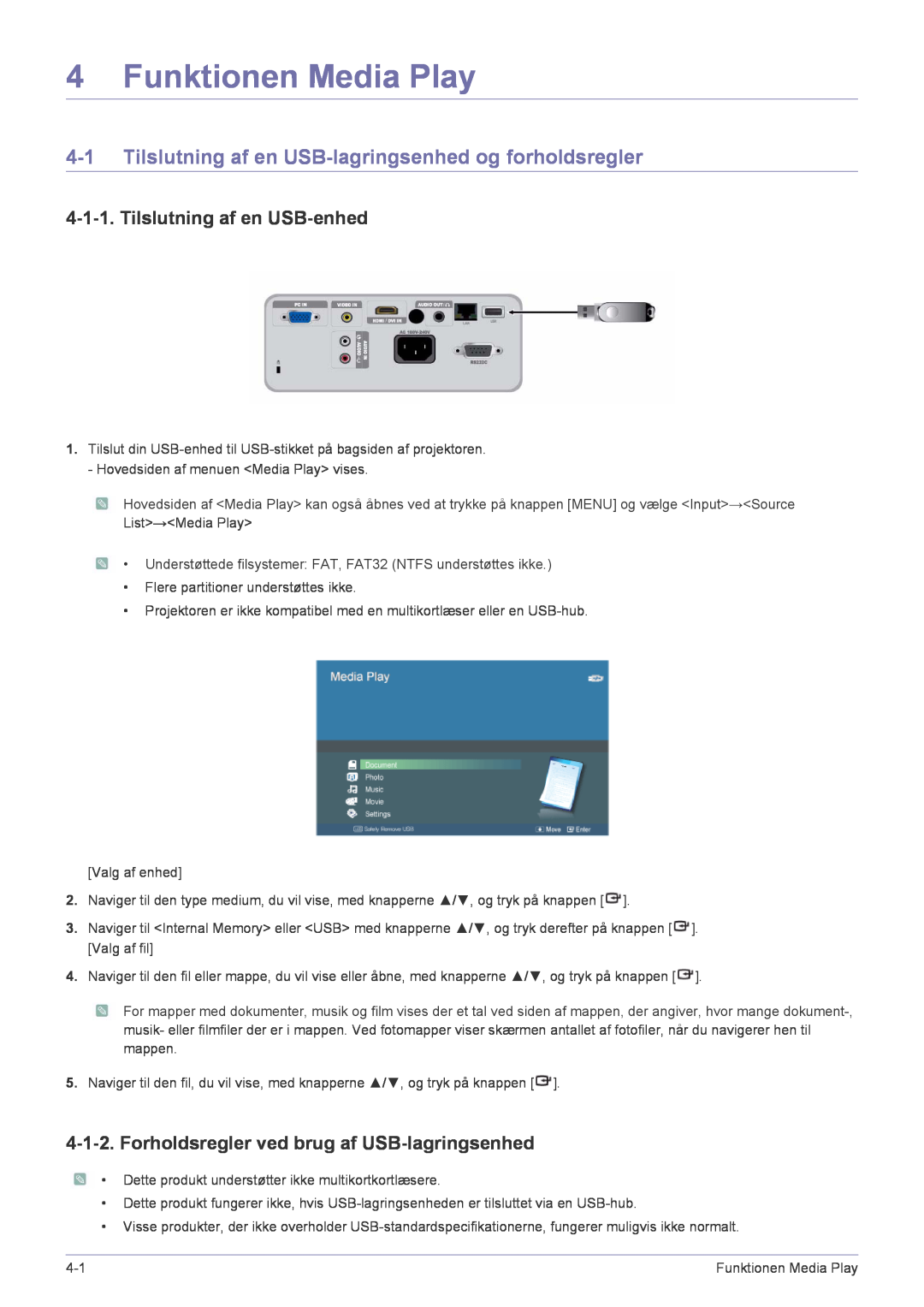 Samsung SP2553XWCX/EN manual Funktionen Media Play, Tilslutning af en USB-lagringsenhed og forholdsregler 