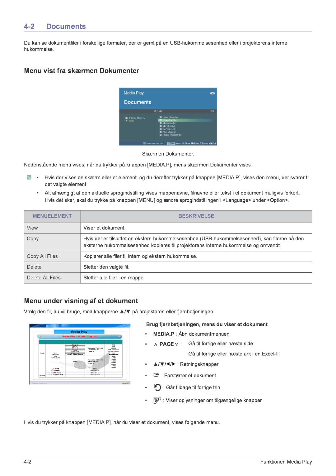 Samsung SP2553XWCX/EN manual Documents, Menu vist fra skærmen Dokumenter, Menu under visning af et dokument 