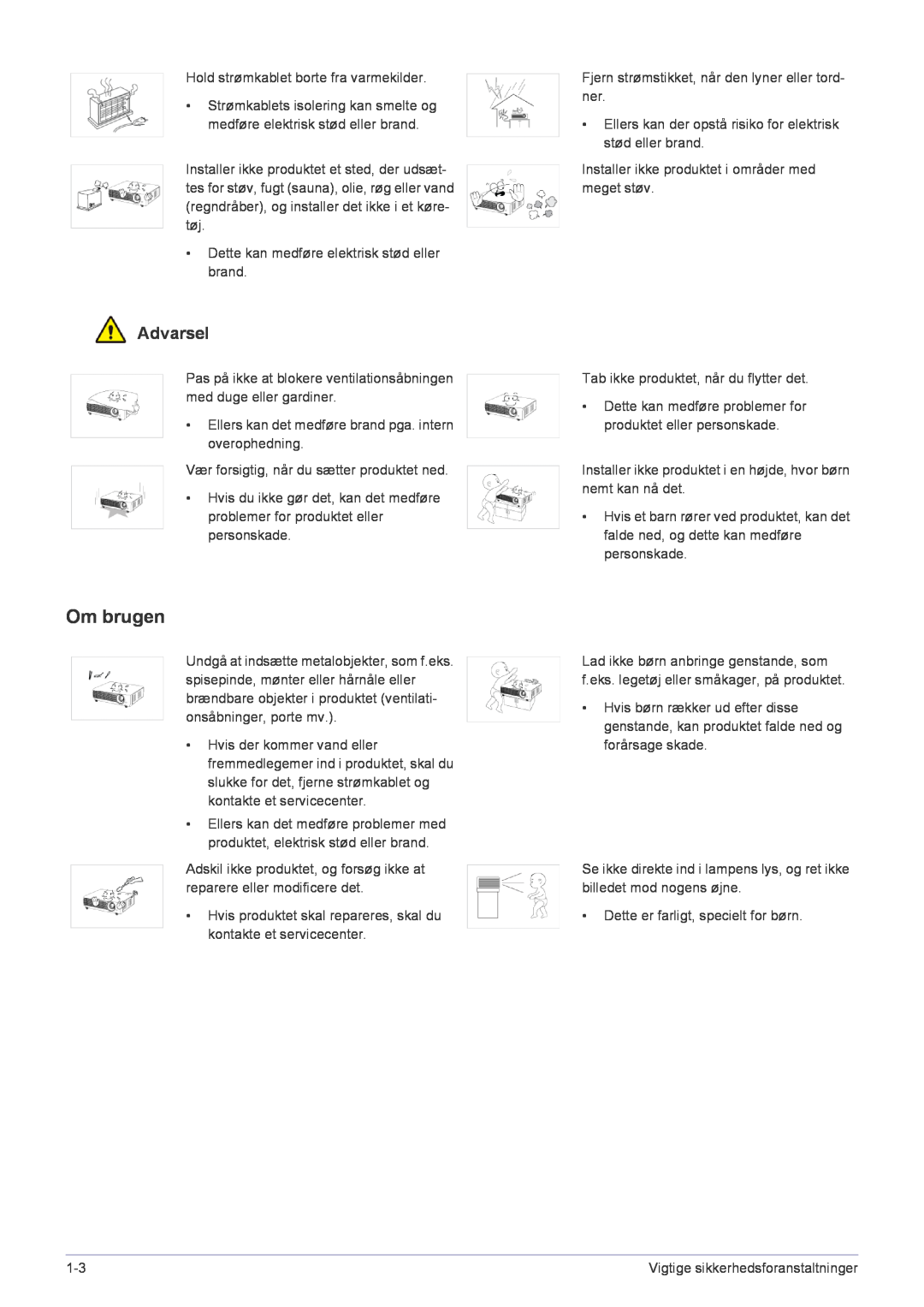 Samsung SP2553XWCX/EN manual Om brugen, Advarsel 