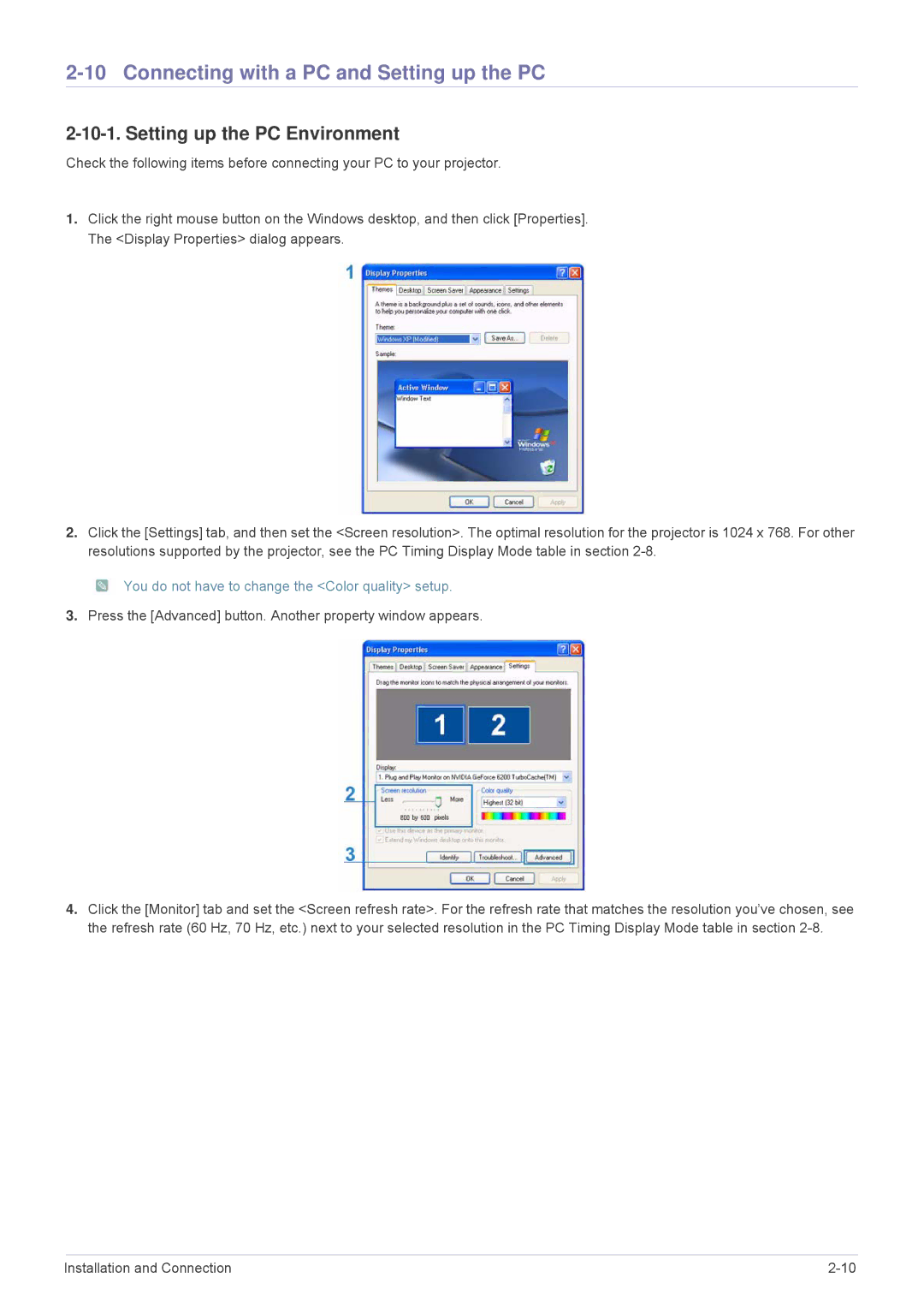 Samsung SP3003XWX/EN, SP3003XWX/XY, SP2703XWX/EN Connecting with a PC and Setting up the PC, Setting up the PC Environment 