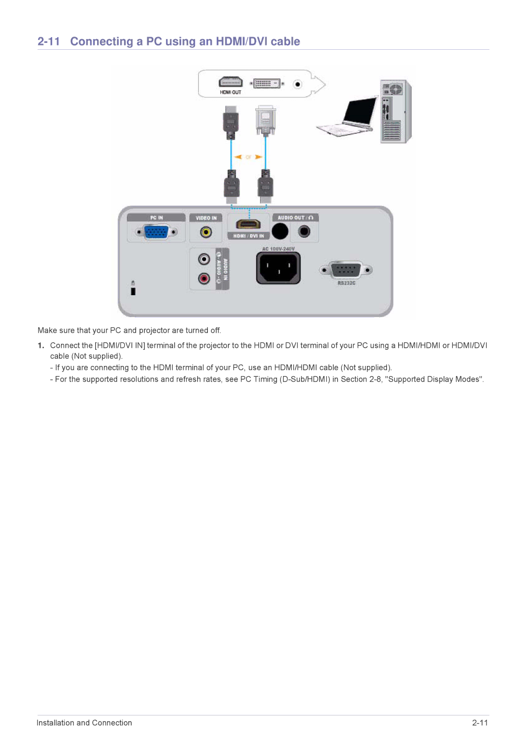 Samsung SP2703XWX/EN, SP3003XWX/XY, SP3003XWX/EN manual Connecting a PC using an HDMI/DVI cable 