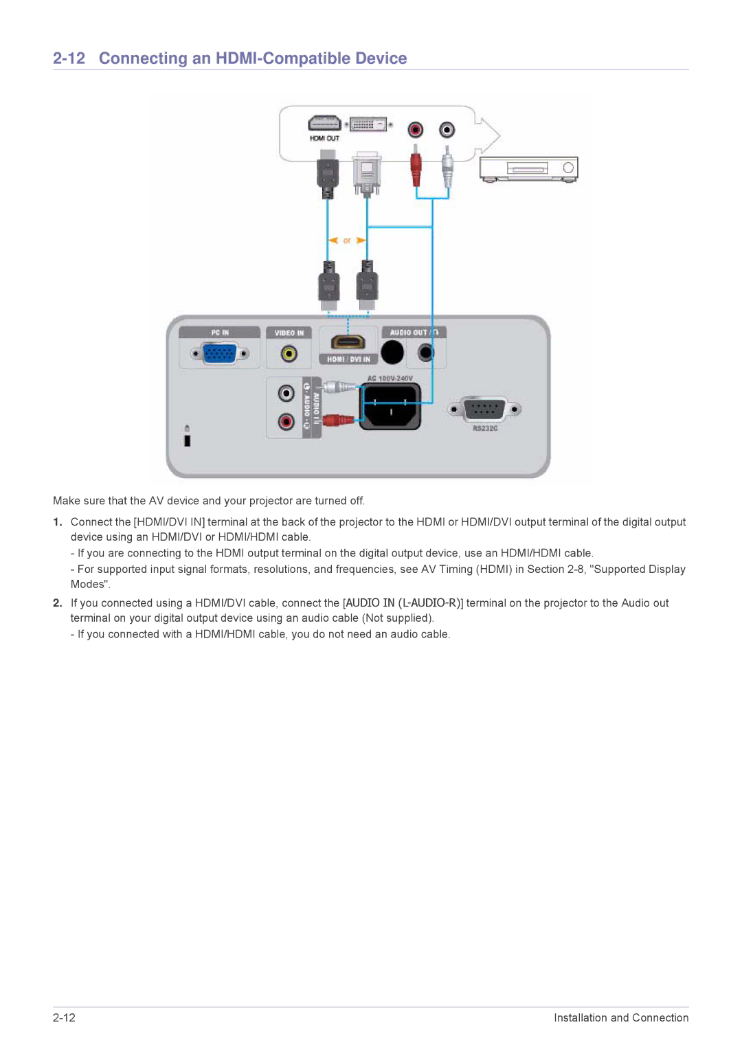 Samsung SP3003XWX/XY, SP3003XWX/EN, SP2703XWX/EN manual Connecting an HDMI-Compatible Device 