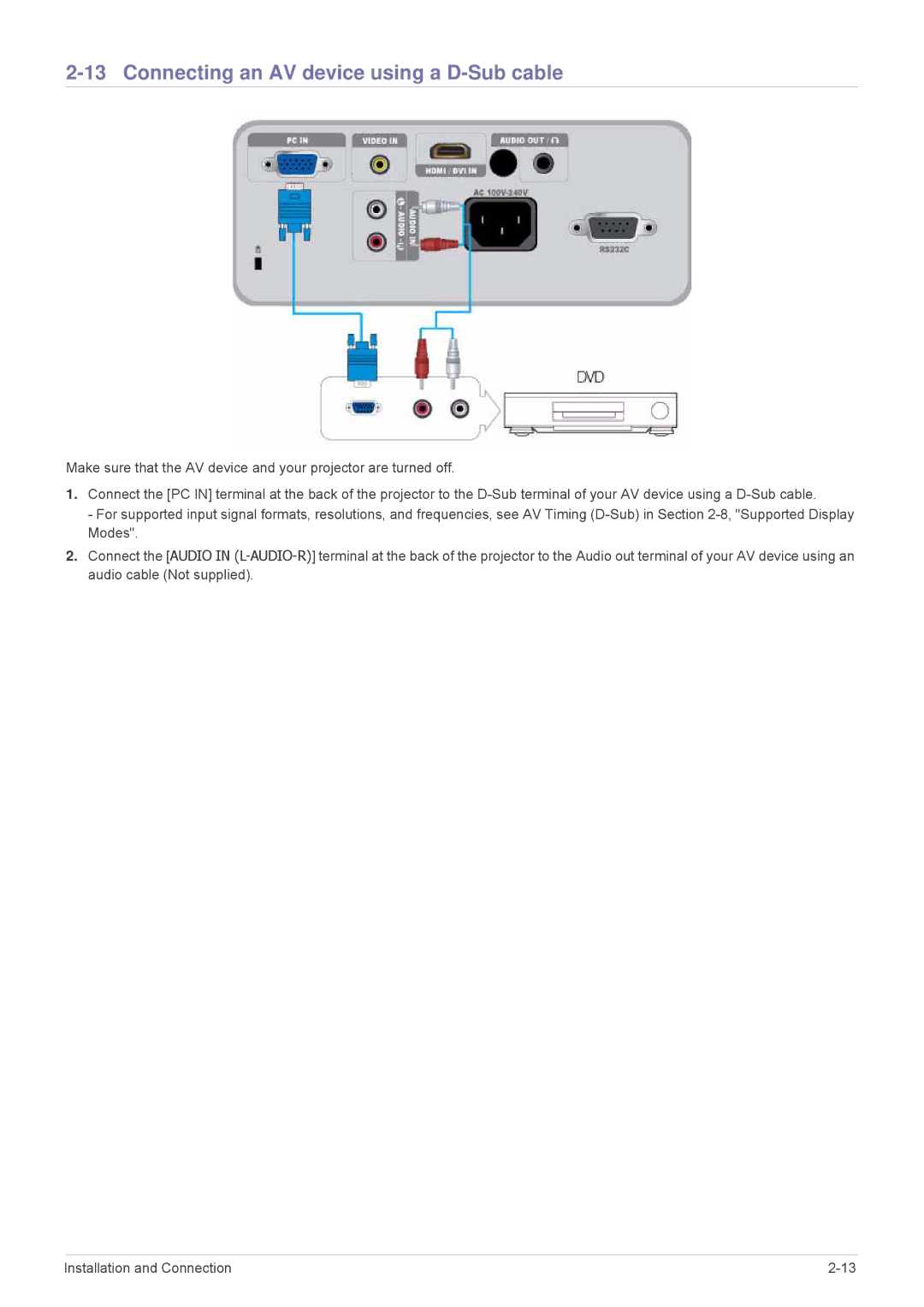 Samsung SP3003XWX/EN, SP3003XWX/XY, SP2703XWX/EN manual Connecting an AV device using a D-Sub cable 