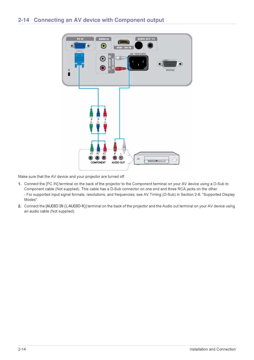 Samsung SP2703XWX/EN, SP3003XWX/XY, SP3003XWX/EN manual Connecting an AV device with Component output 