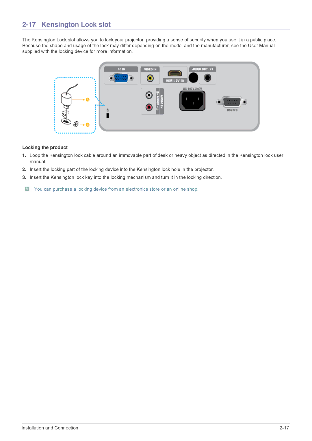 Samsung SP2703XWX/EN, SP3003XWX/XY, SP3003XWX/EN manual Kensington Lock slot, Locking the product 