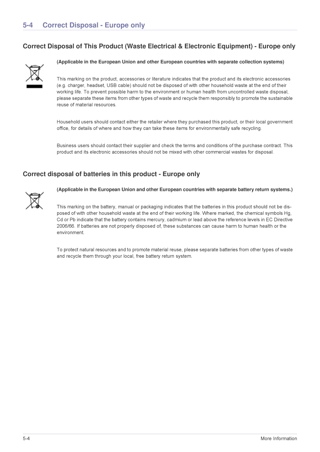 Samsung SP3003XWX/EN, SP3003XWX/XY Correct Disposal Europe only, Correct disposal of batteries in this product Europe only 